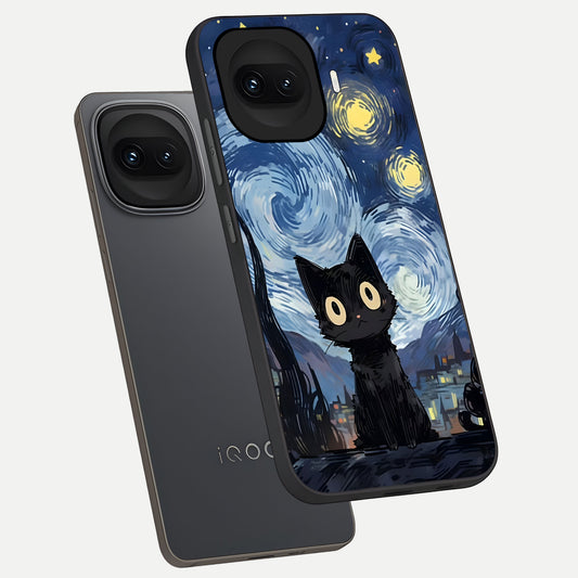  Van Gogh Cat phone case for iQOO 15R showing premium glass back cover with detailed artwork