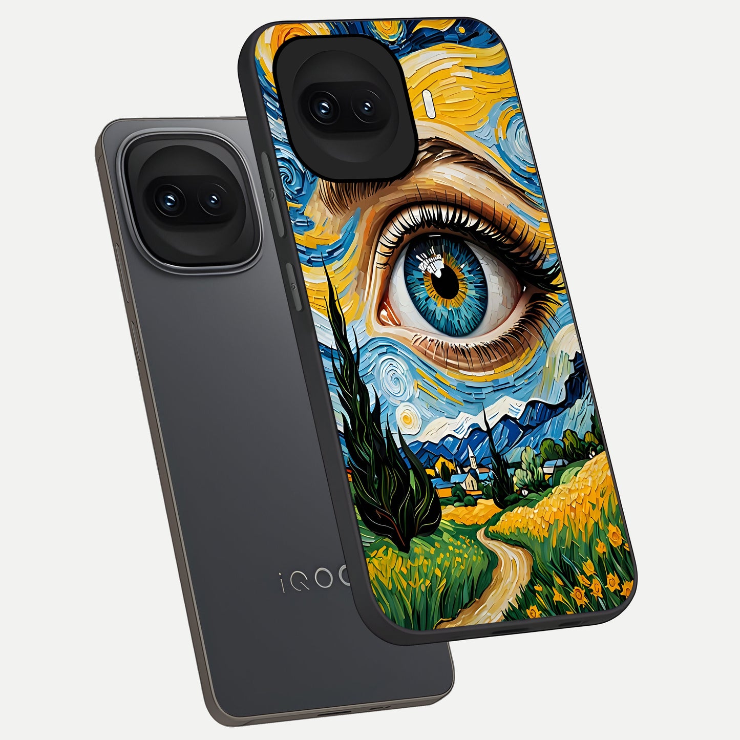  Van Gogh Eye phone case for iQOO 15R showing premium glass back cover with detailed artwork