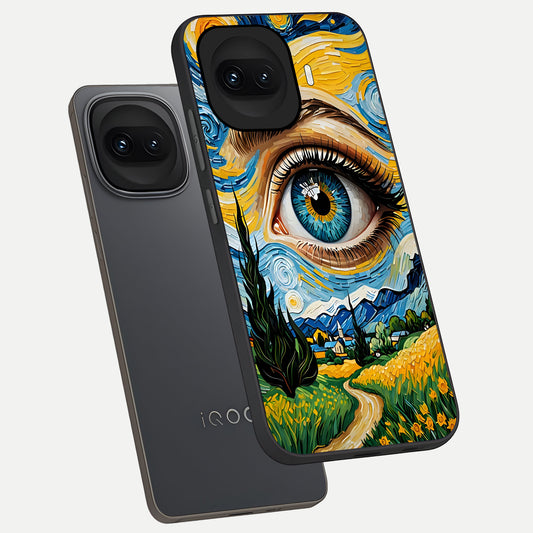  Van Gogh Eye phone case for iQOO 15R showing premium glass back cover with detailed artwork