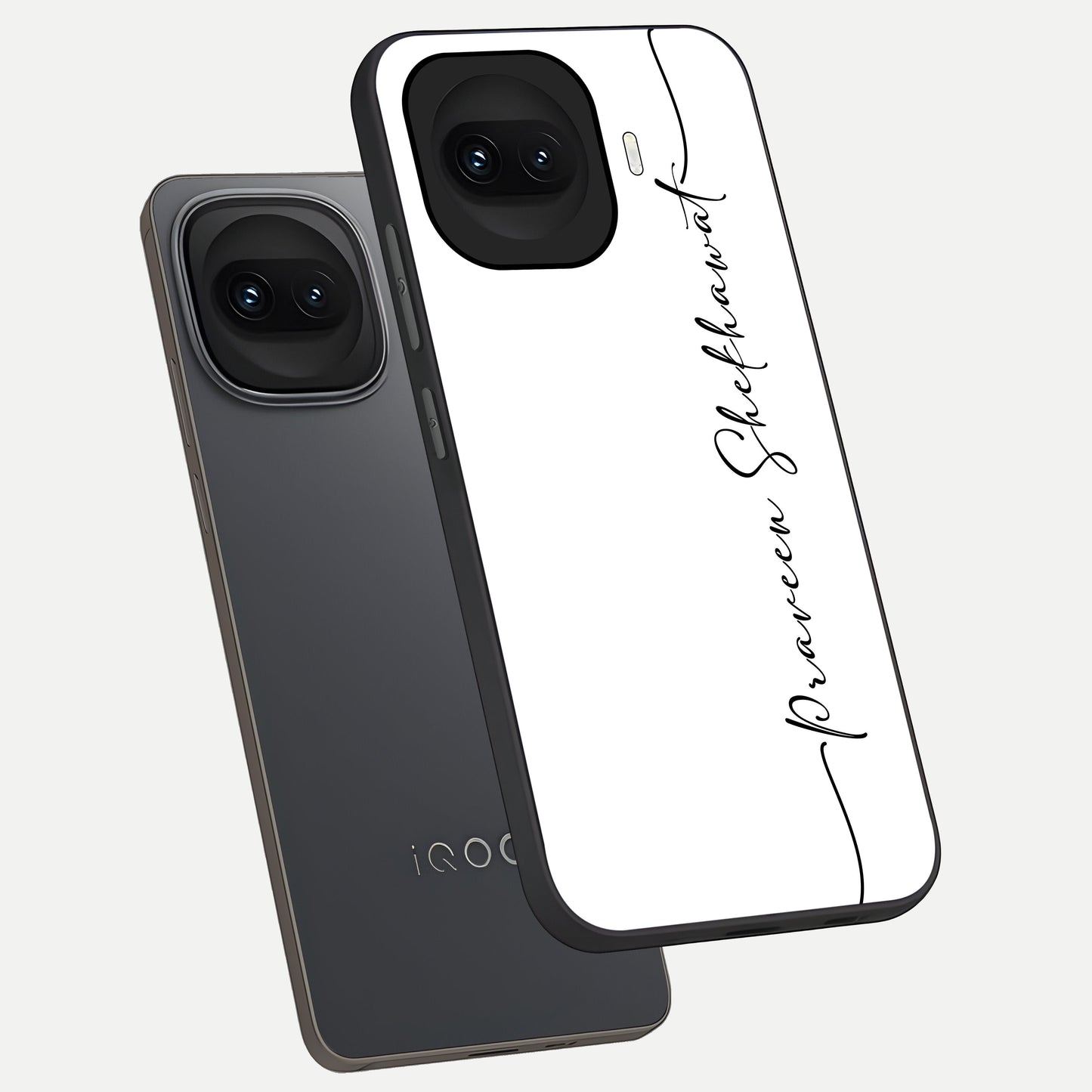  White Tune Custom Name phone case for iQOO 15R showing premium custom name glass back cover