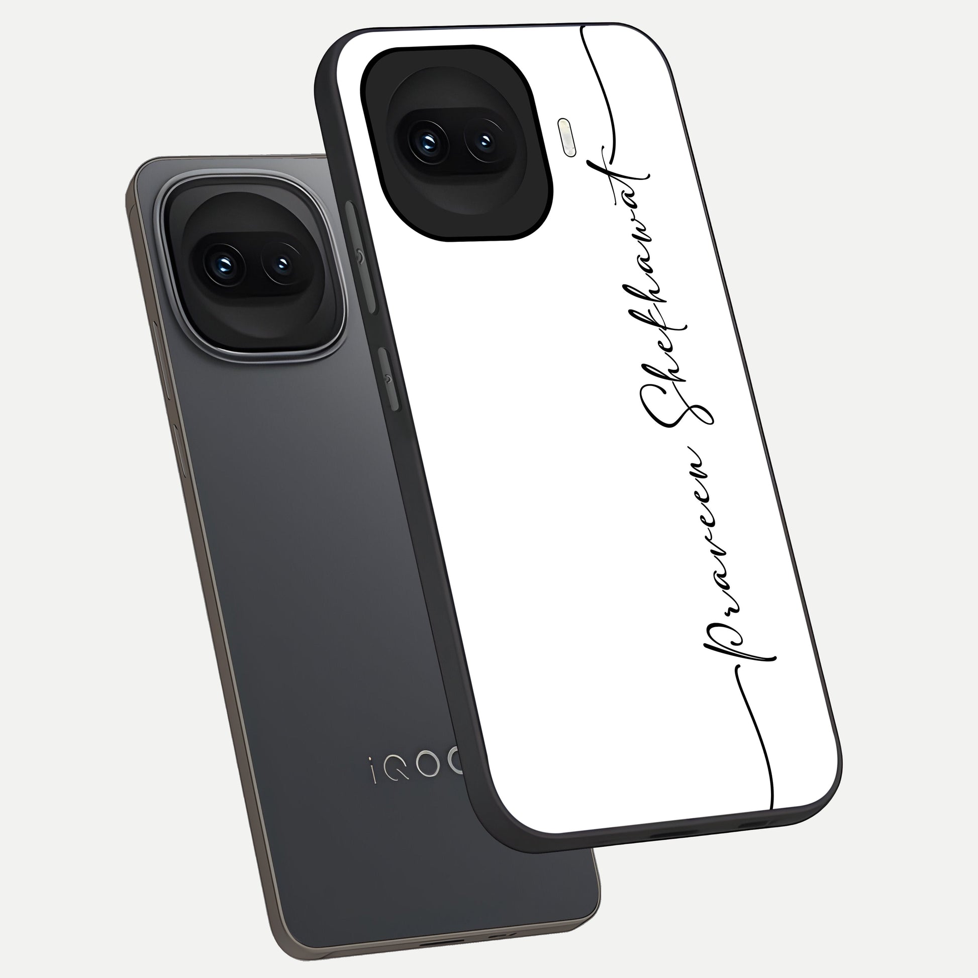 White Tune Custom Name phone case for iQOO 15R showing premium custom name glass back cover