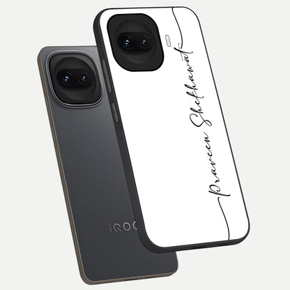  White Tune Custom Name phone case for iQOO 15R showing premium custom name glass back cover
