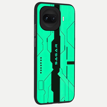 Aqua Tech CYBERPUNK Custom Name back cover for iQOO 15R slim fit glass case with vibrant aesthetic design
