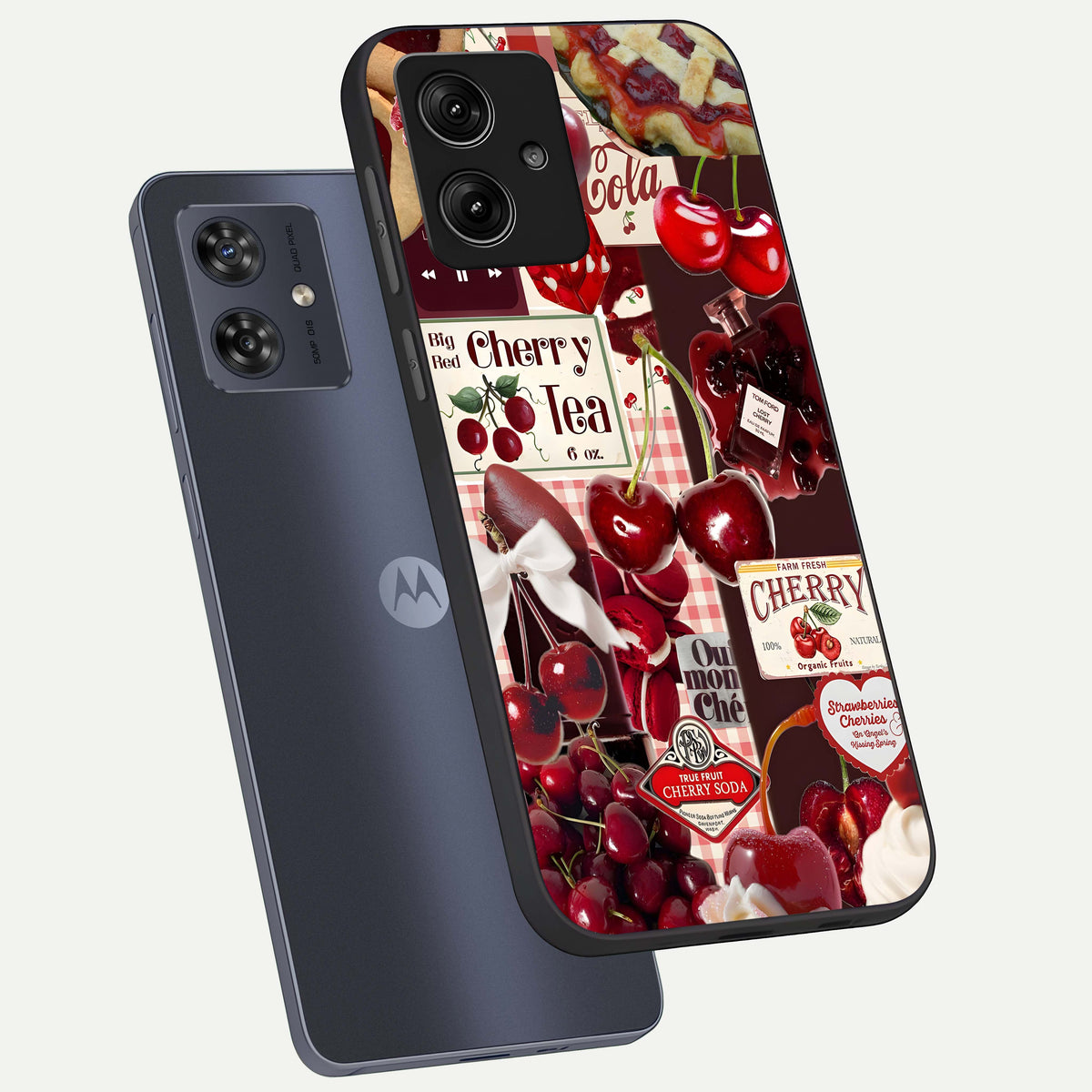  Aesthetic Cherry Tea phone case For Moto G54 showing premium glass back cover with detailed artwork