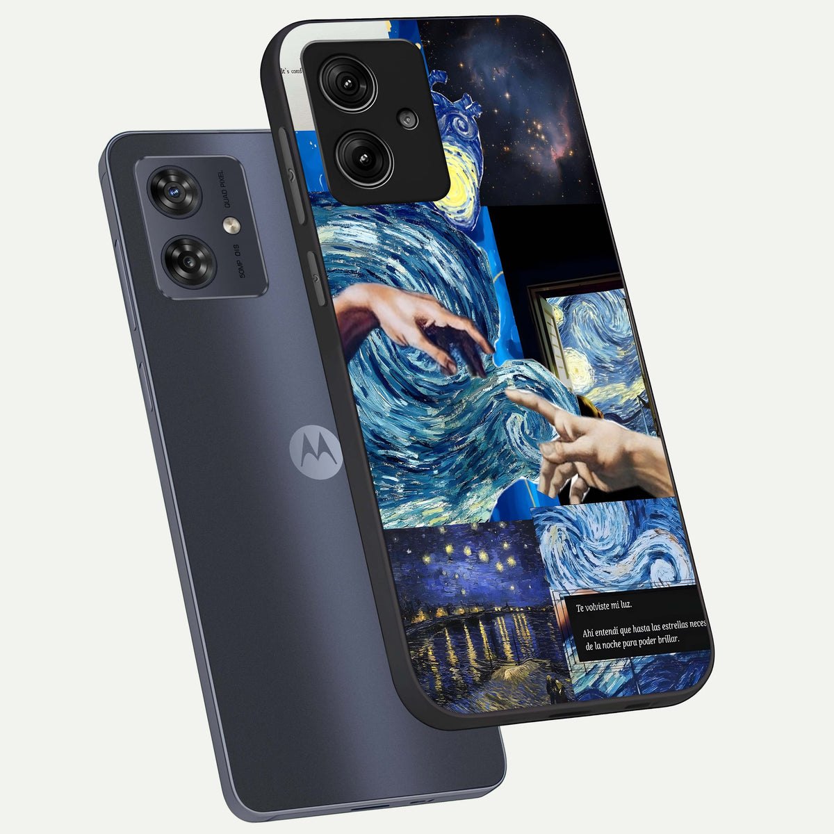  Aesthetic Vando Hands phone case For Moto G54 showing premium glass back cover with detailed artwork