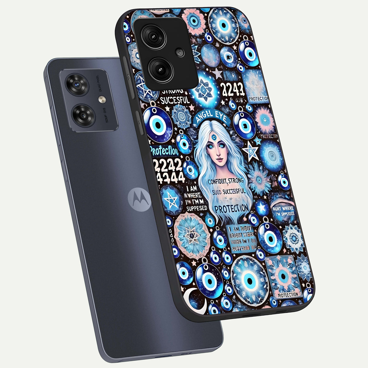  Angel Aura Shield phone case For Moto G54 showing premium glass back cover with detailed artwork