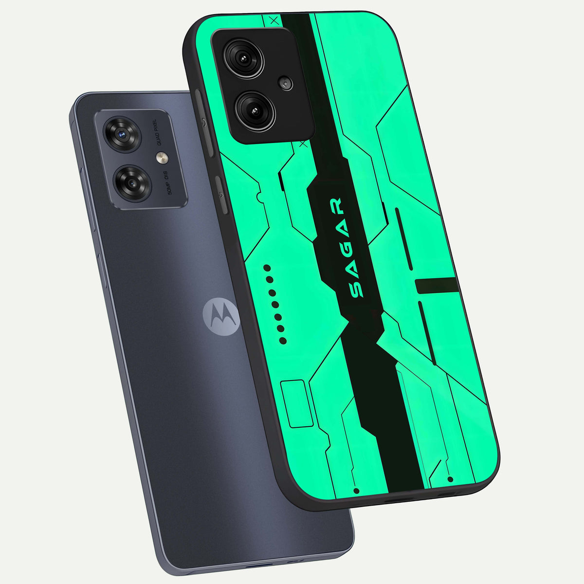  Aqua Tech CYBERPUNK Custom Name phone case For Moto G54 showing premium glass back cover with detailed artwork