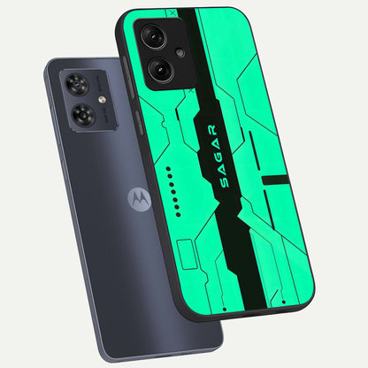  Aqua Tech CYBERPUNK Custom Name phone case For Moto G54 showing premium glass back cover with detailed artwork