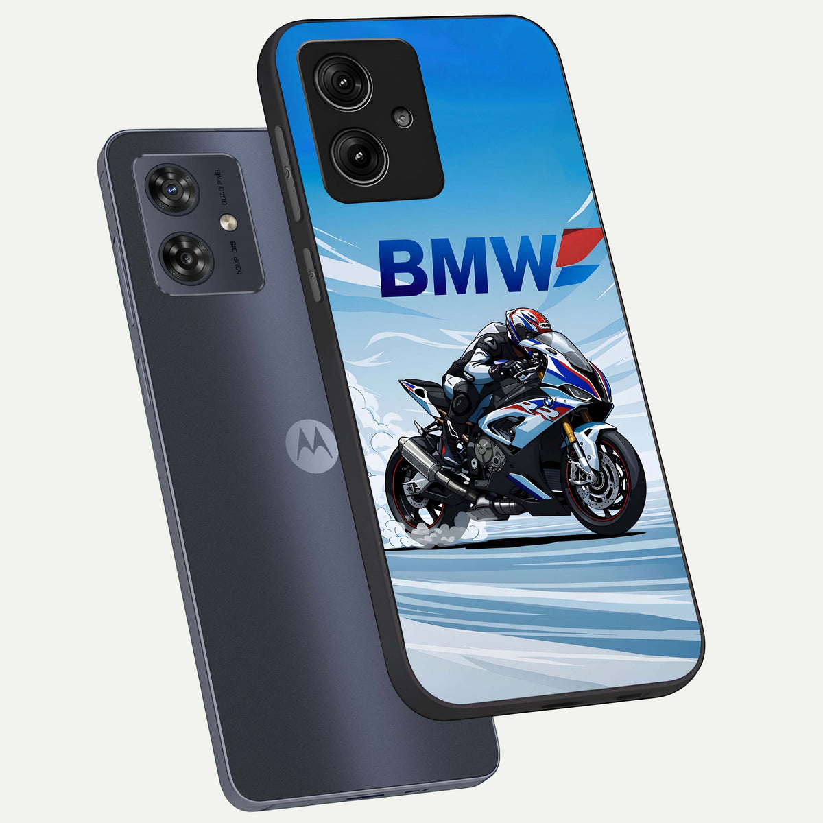  BMW Power Drift phone case For Moto G54 showing premium glass back cover with detailed artwork