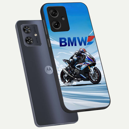  BMW Power Drift phone case For Moto G54 showing premium glass back cover with detailed artwork