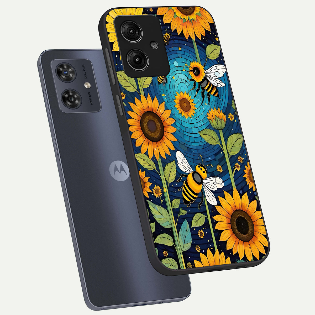  Bees And Sunflowers phone case For Moto G54 showing premium glass back cover with detailed artwork