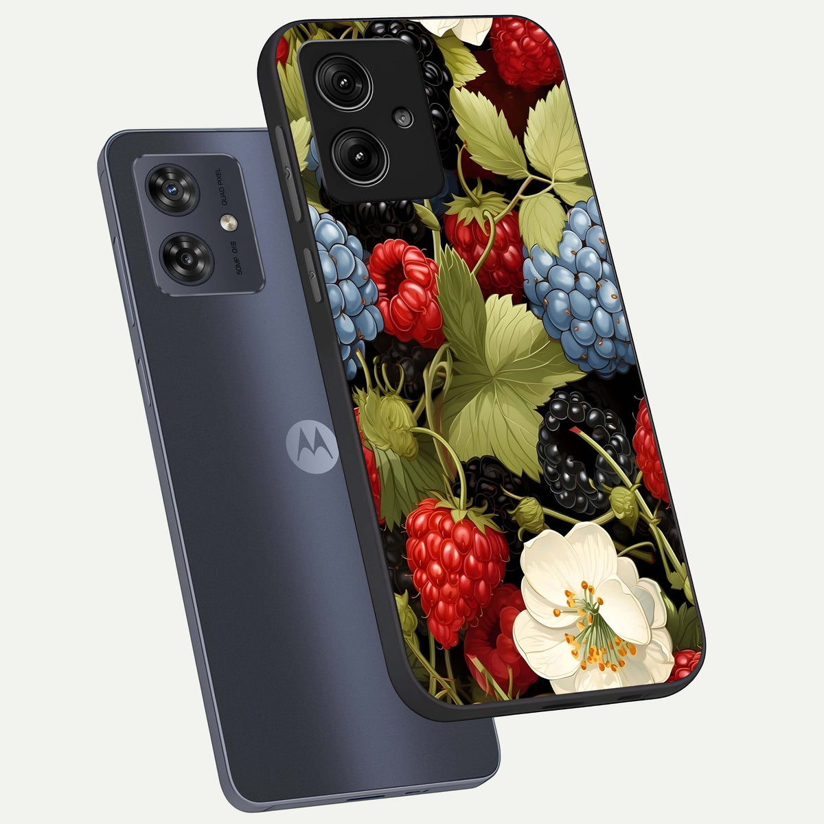  Berry Bloom Charm phone case For Moto G54 showing premium glass back cover with detailed artwork