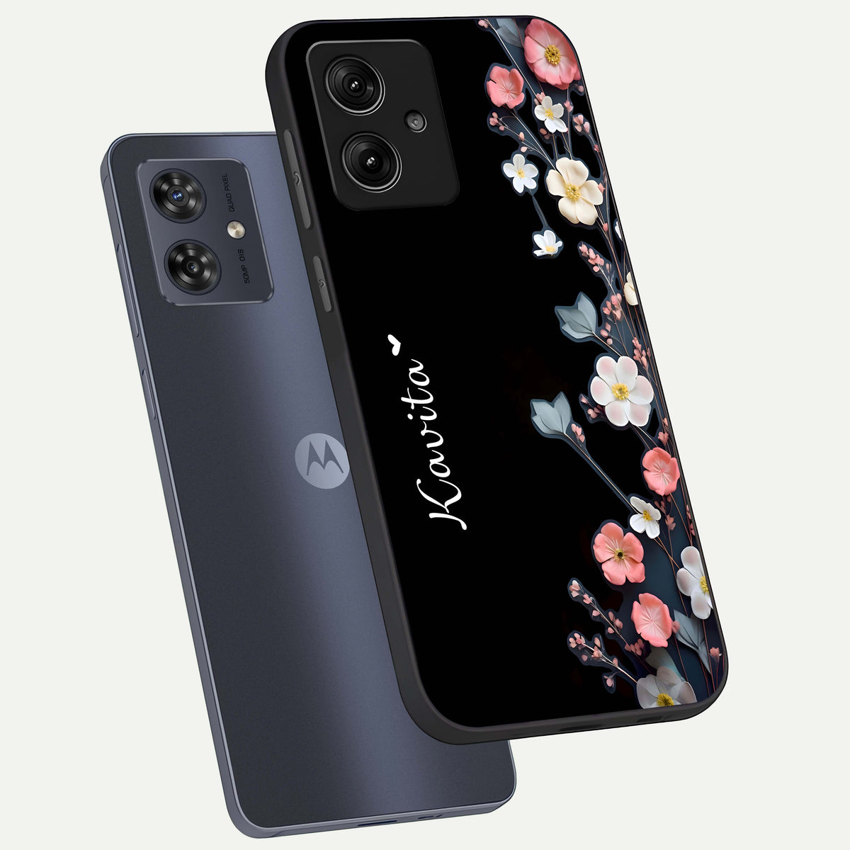  Black Elegance Floral Custom Name phone case For Moto G54 showing premium glass back cover with detailed artwork