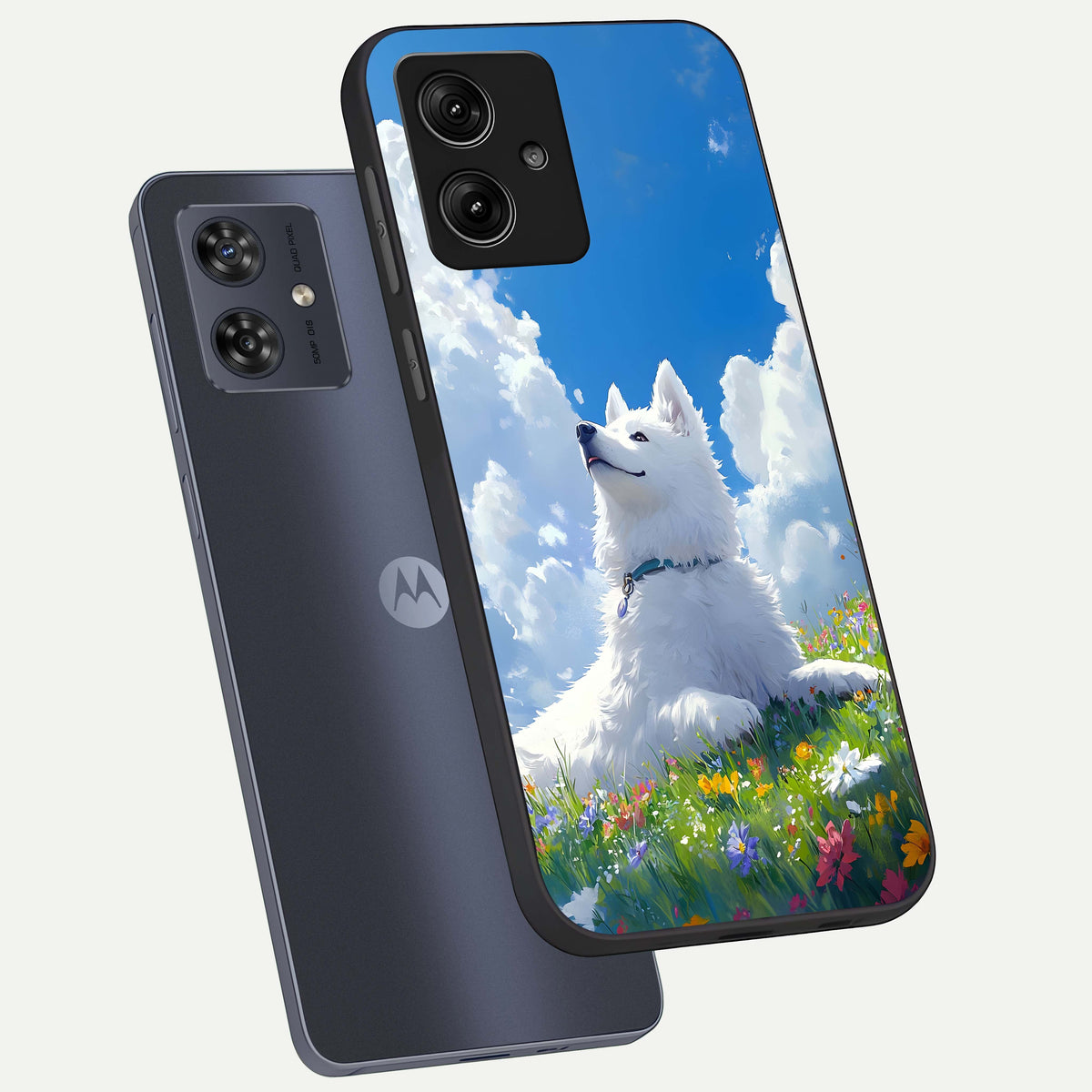  Blissful Cloud Pup phone case For Moto G54 showing premium glass back cover with detailed artwork