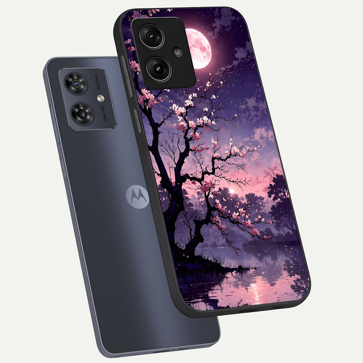  Blossom Pink Moon phone case For Moto G54 showing premium glass back cover with detailed artwork