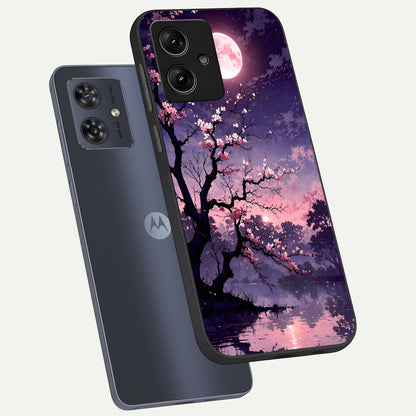  Blossom Pink Moon phone case For Moto G54 showing premium glass back cover with detailed artwork