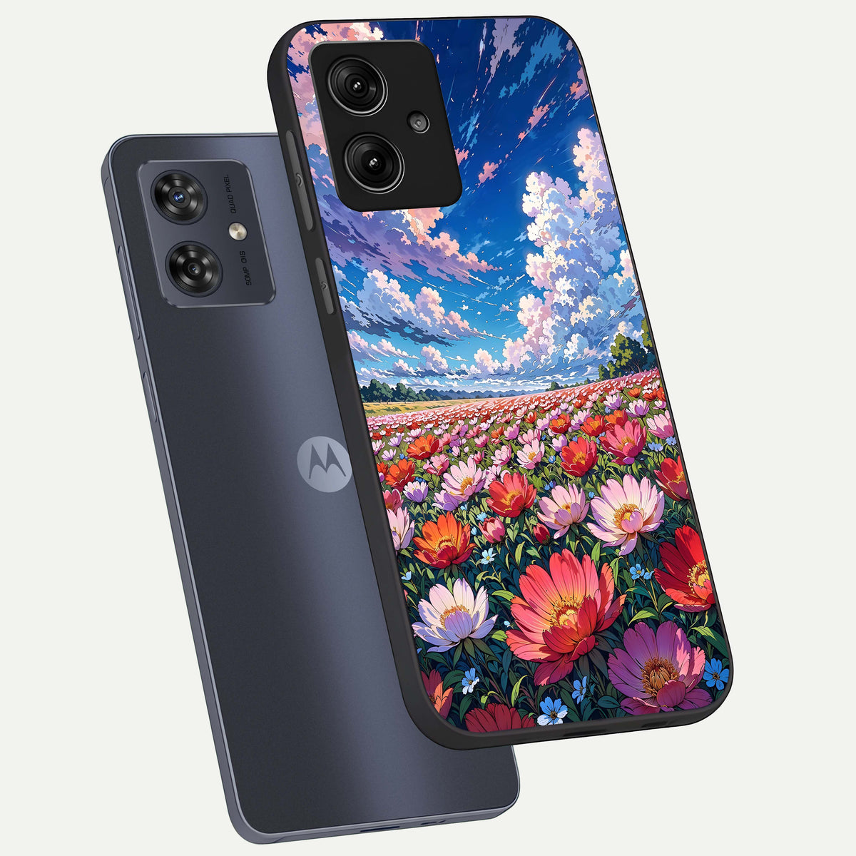  Blossom Sky Field phone case For Moto G54 showing premium glass back cover with detailed artwork