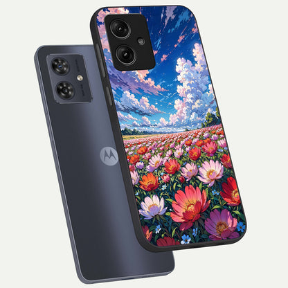  Blossom Sky Field phone case For Moto G54 showing premium glass back cover with detailed artwork