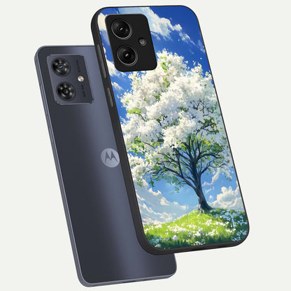  Blossom Sky Serenity phone case For Moto G54 showing premium glass back cover with detailed artwork