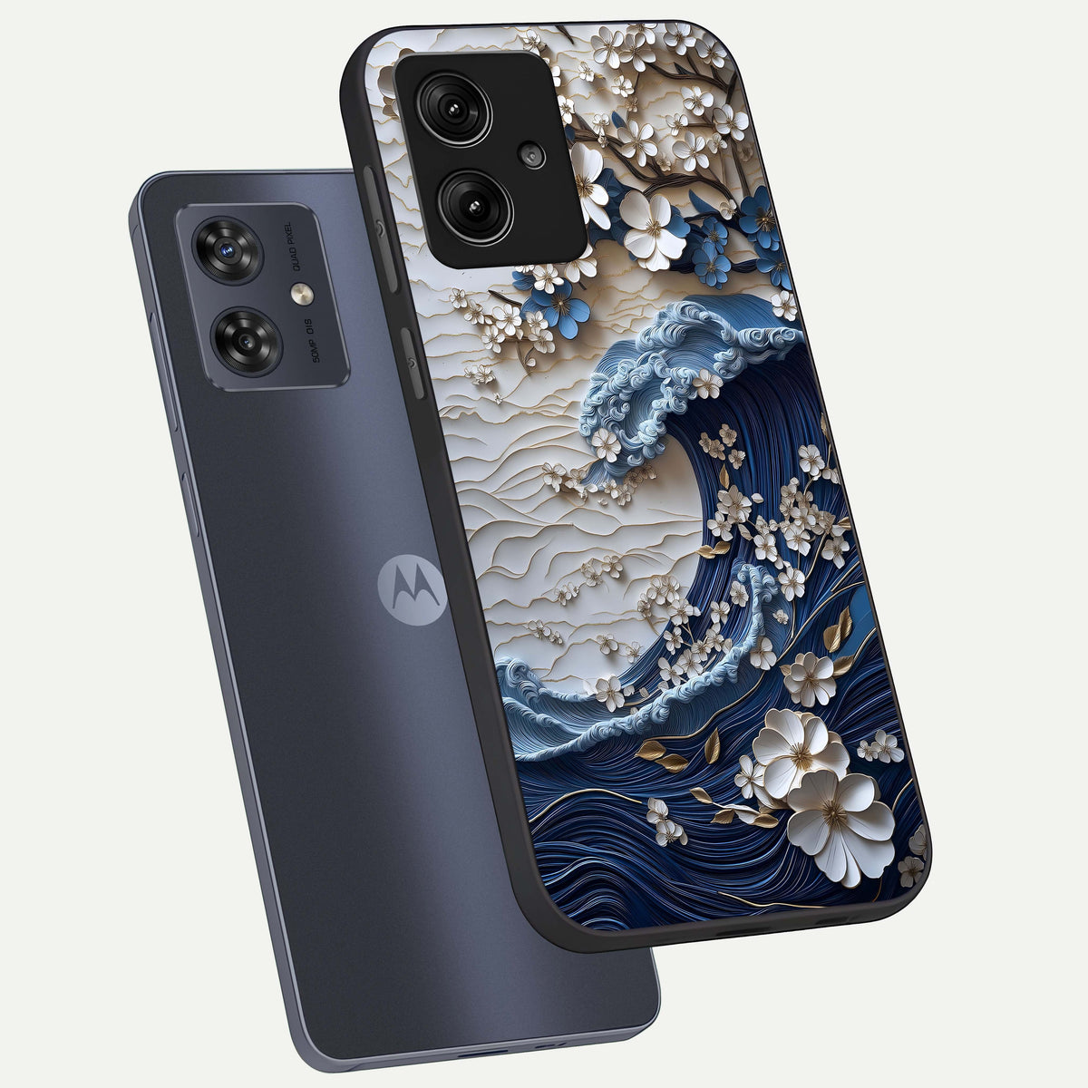  Blossom Wave Art phone case For Moto G54 showing premium glass back cover with detailed artwork
