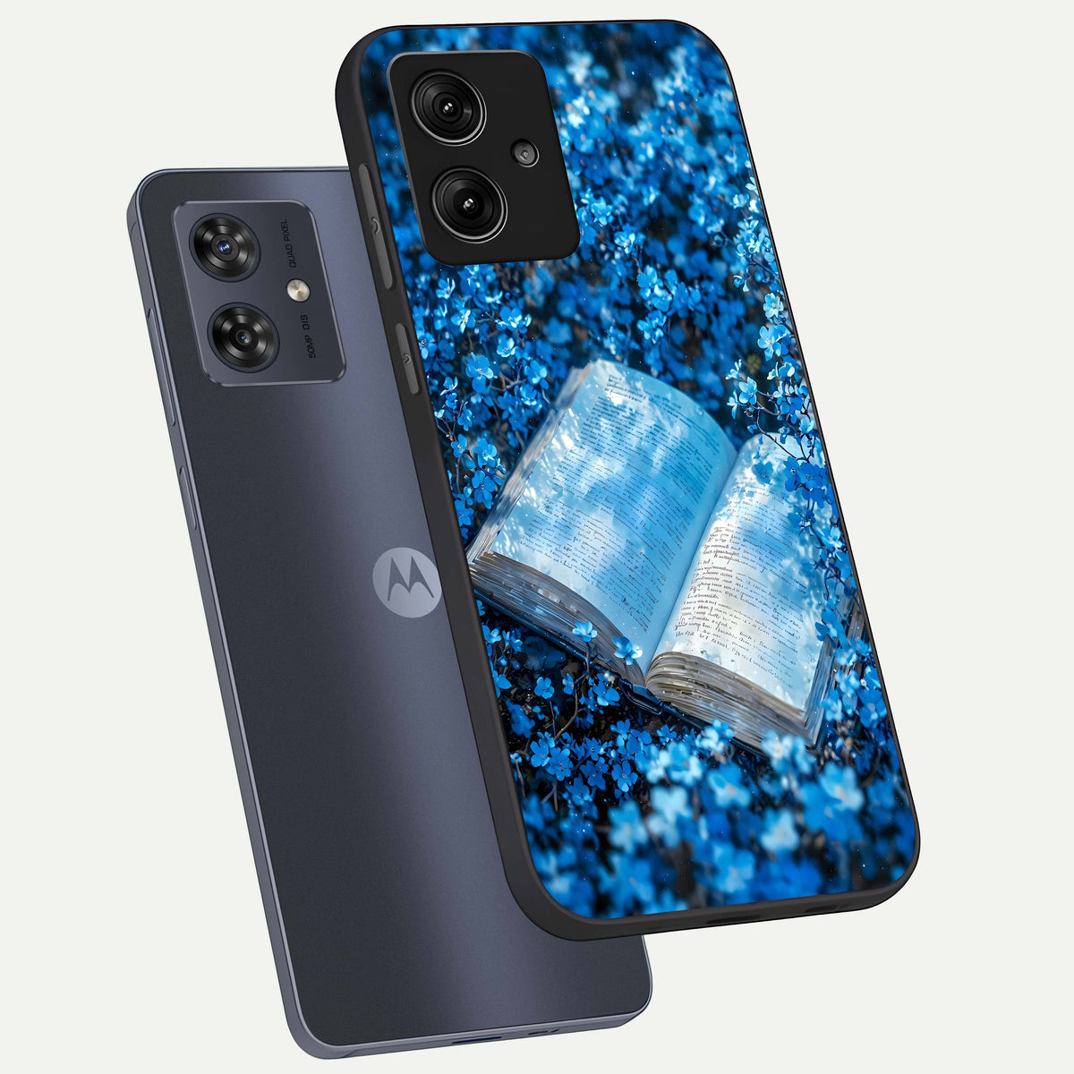  Blue Bloom Tales phone case For Moto G54 showing premium glass back cover with detailed artwork