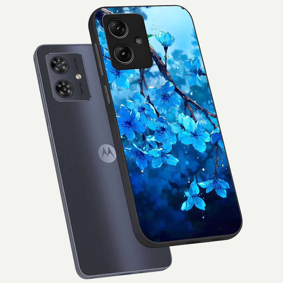  Blue Blossoms Branch phone case For Moto G54 showing premium glass back cover with detailed artwork