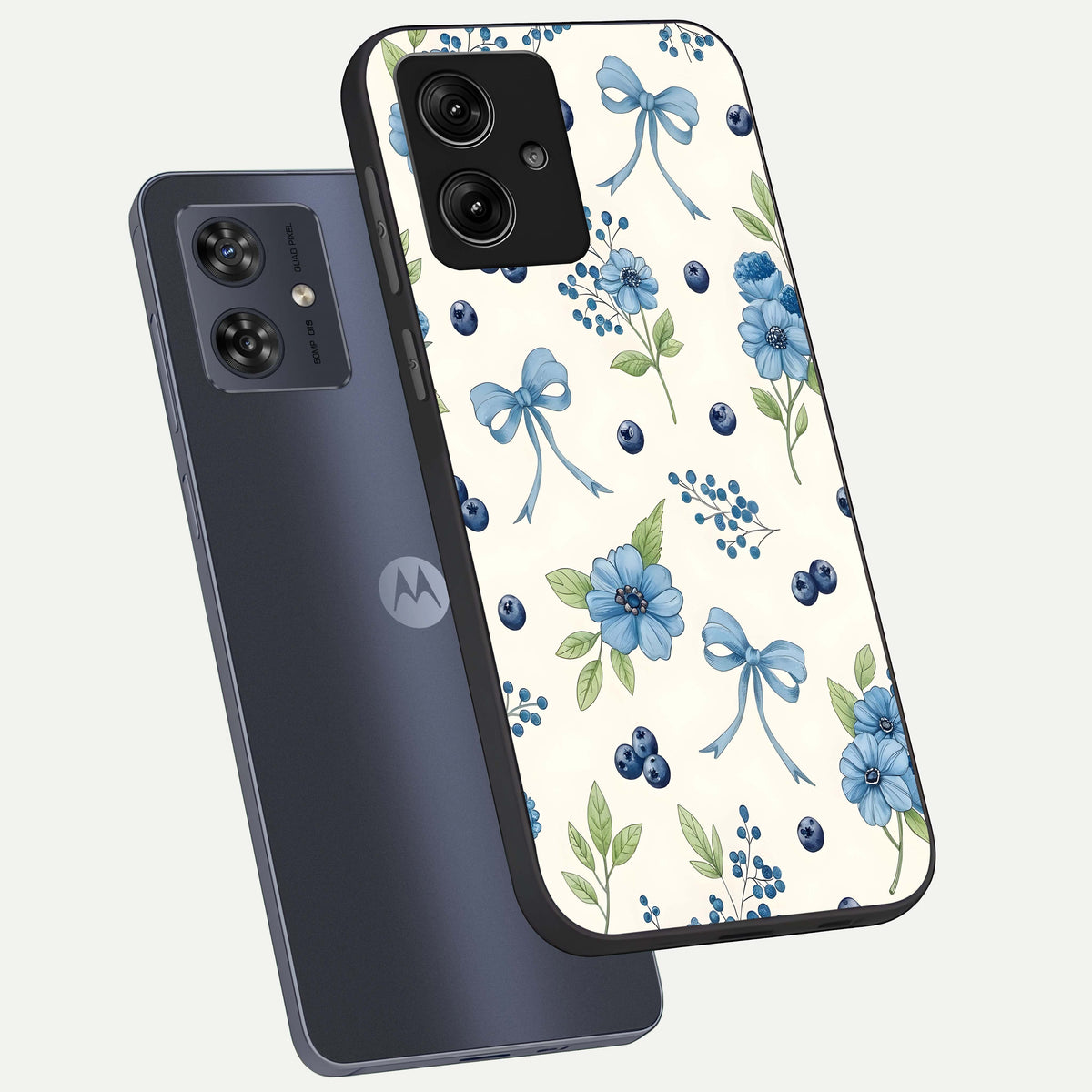  Blue Flower And Bow phone case For Moto G54 showing premium glass back cover with detailed artwork