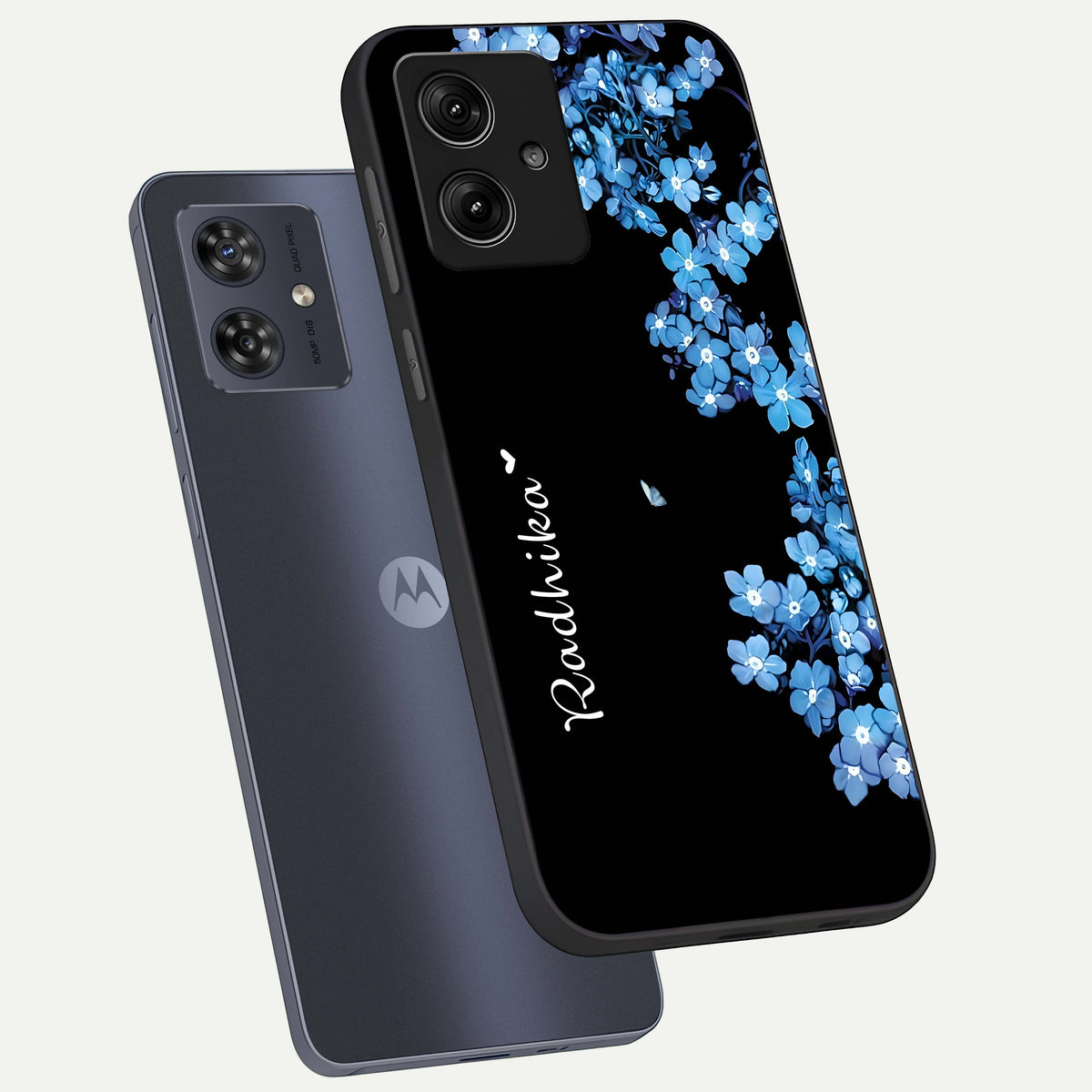  Blue Petal Dream Custom Name phone case For Moto G54 showing premium glass back cover with detailed artwork