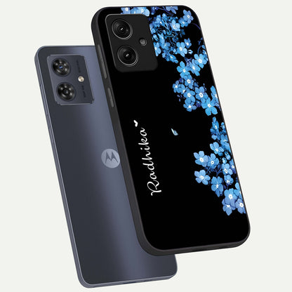  Blue Petal Dream Custom Name phone case For Moto G54 showing premium glass back cover with detailed artwork