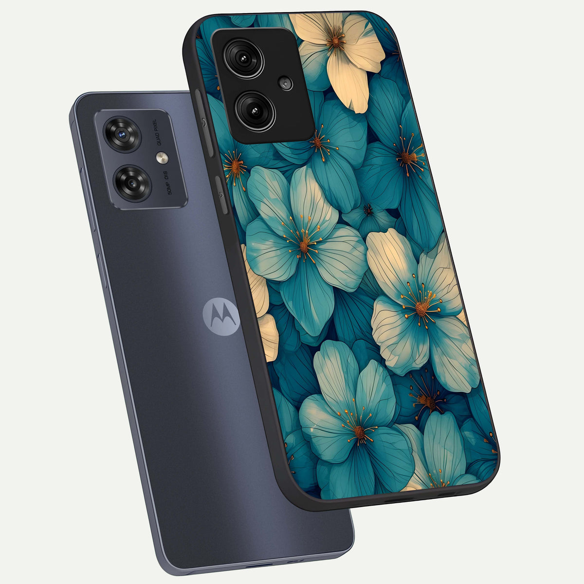  Blue Shade Floral phone case For Moto G54 showing premium glass back cover with detailed artwork