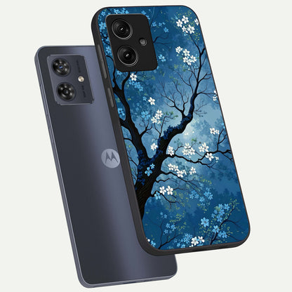  Blue Tree Serenity phone case For Moto G54 showing premium glass back cover with detailed artwork