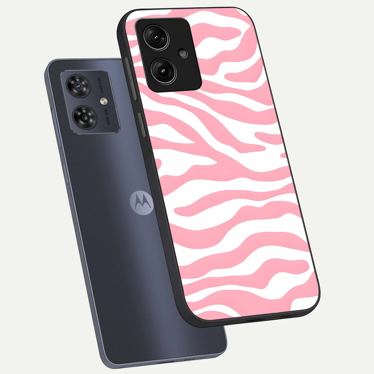 Blush Zebra Flow phone case For Moto G54 showing premium glass back cover with detailed artwork