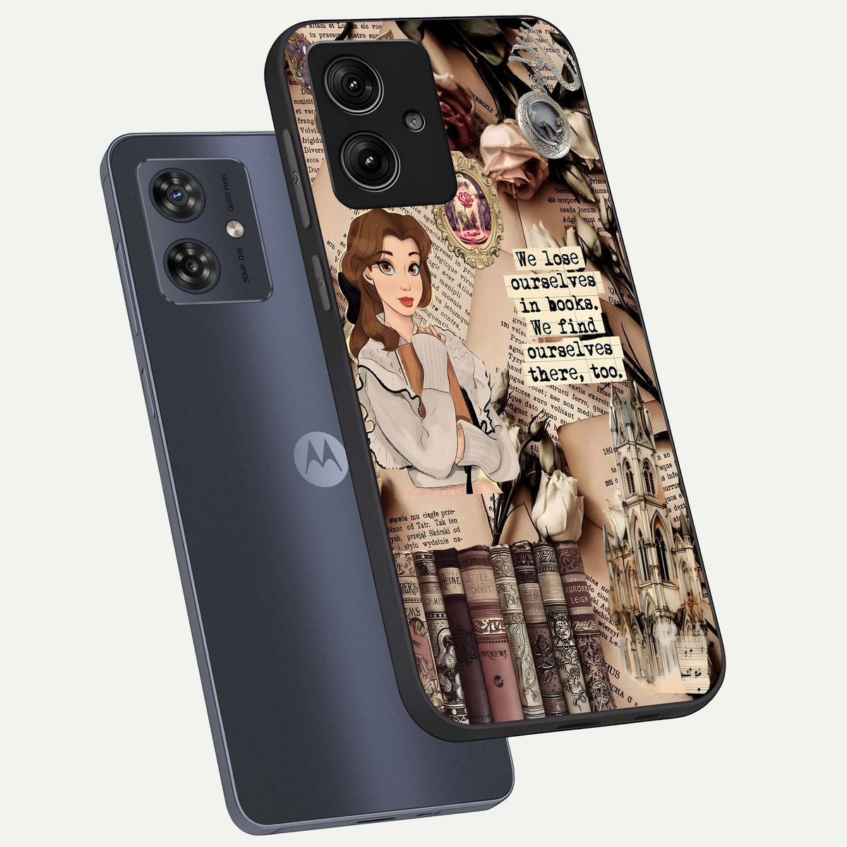  Bookish Dream World phone case For Moto G54 showing premium glass back cover with detailed artwork
