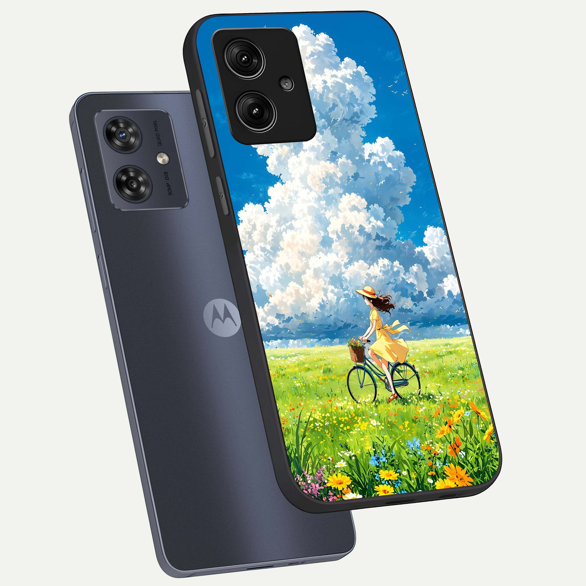 Breezy Meadow Ride phone case For Moto G54 showing premium glass back cover with detailed artwork