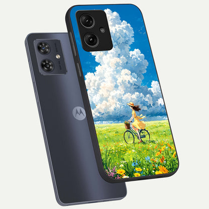  Breezy Meadow Ride phone case For Moto G54 showing premium glass back cover with detailed artwork