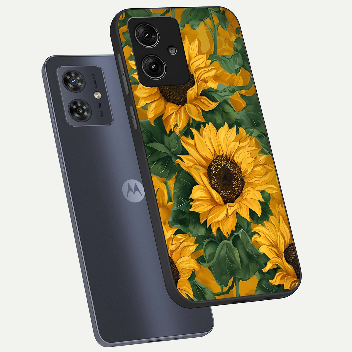  Bright Sunflower Bloom phone case For Moto G54 showing premium glass back cover with detailed artwork