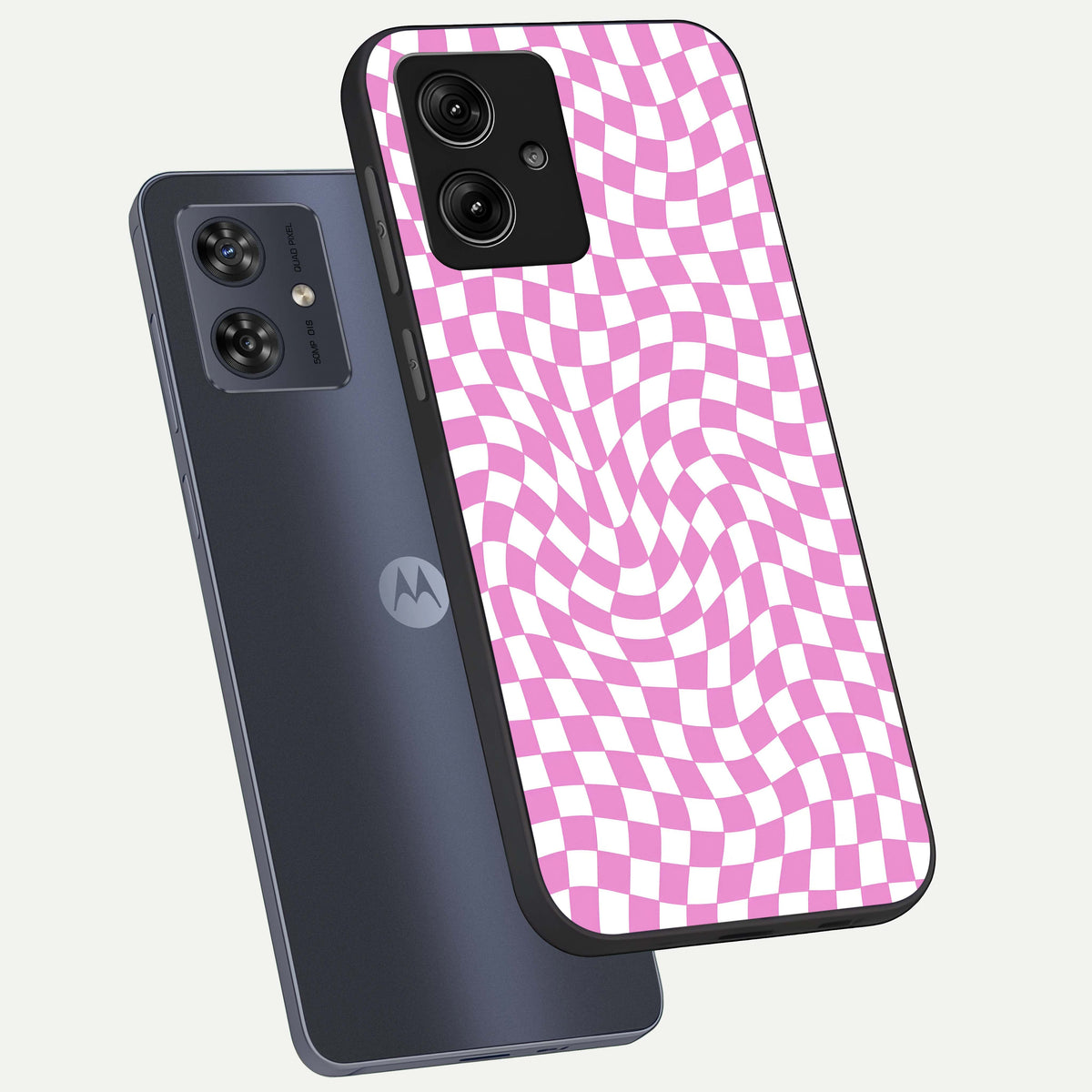  Bubblegum Check Wave phone case For Moto G54 showing premium glass back cover with detailed artwork