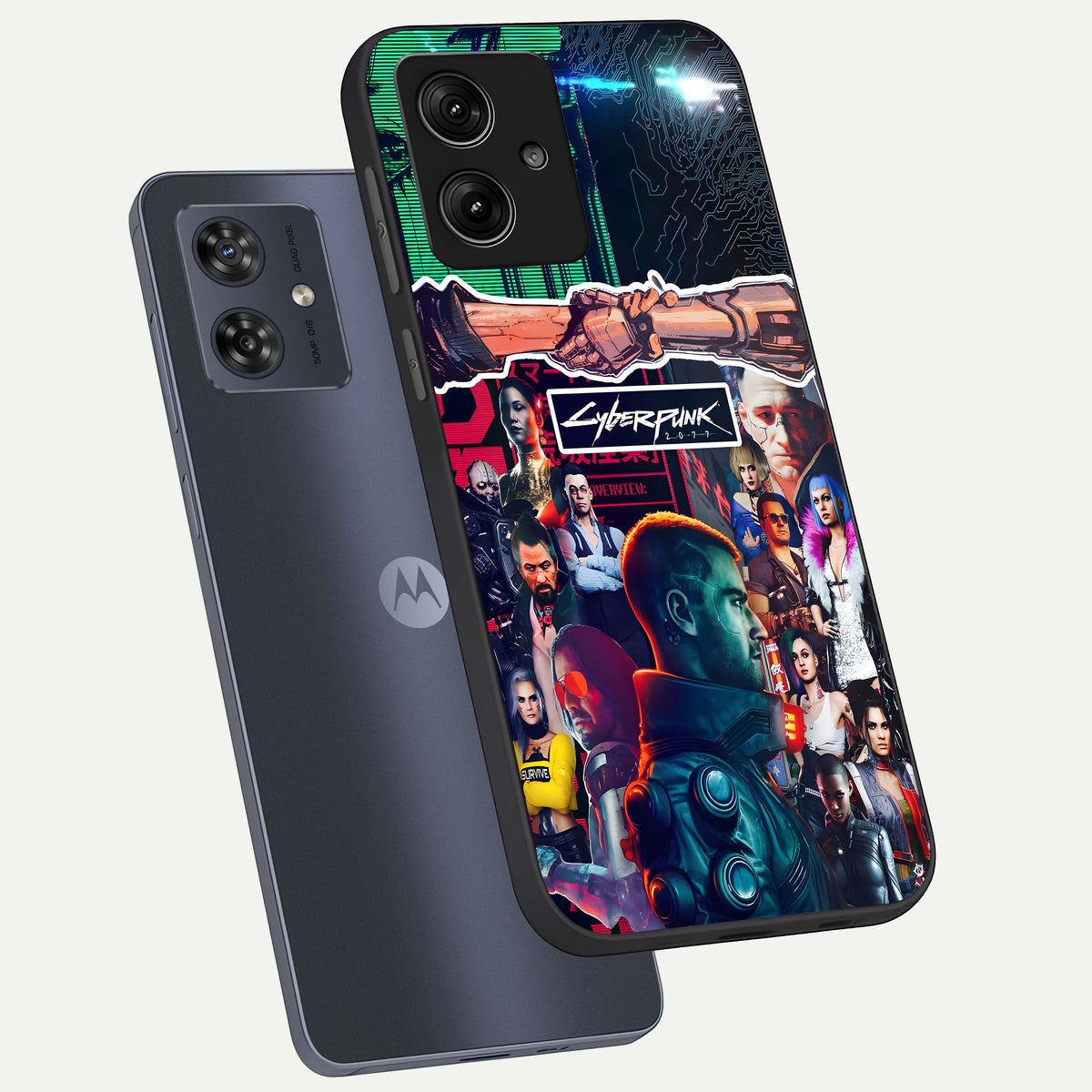 CYBERPUNK Legacy phone case For Moto G54 showing premium glass back cover with detailed artwork