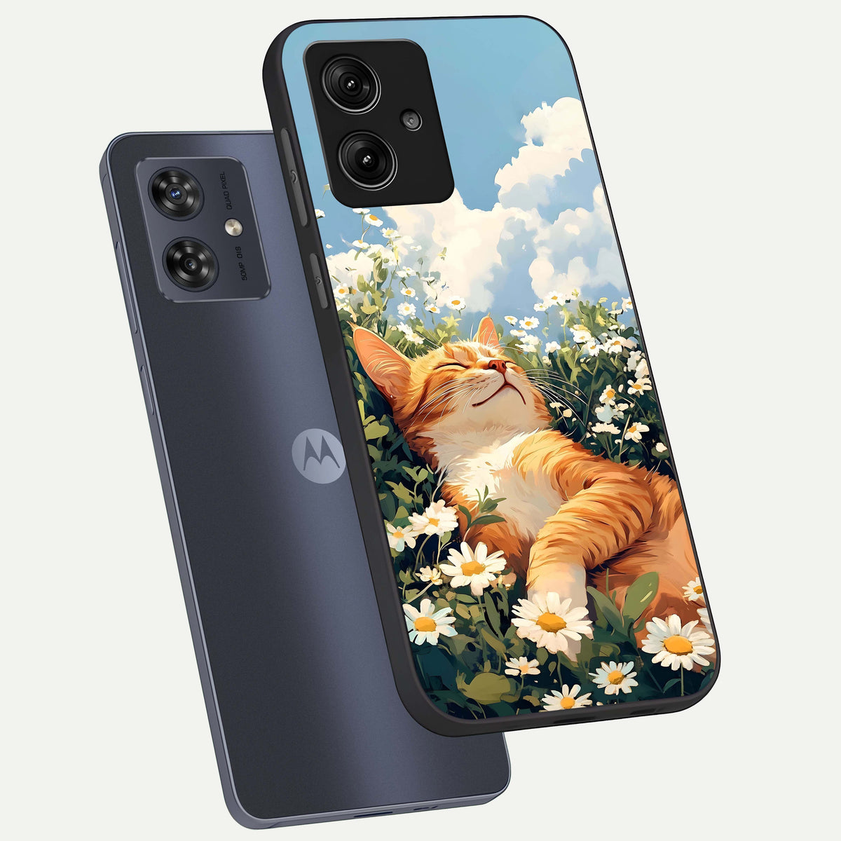  Cat And Flowers View phone case For Moto G54 showing premium glass back cover with detailed artwork