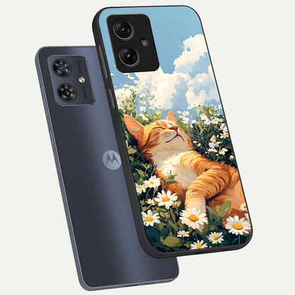  Cat And Flowers View phone case For Moto G54 showing premium glass back cover with detailed artwork