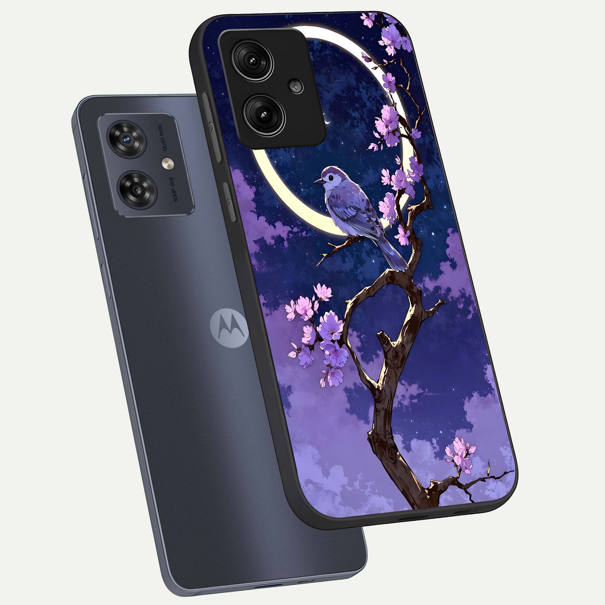 Celestial Bird Blossom phone case For Moto G54 showing premium glass back cover with detailed artwork