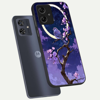  Celestial Bird Blossom phone case For Moto G54 showing premium glass back cover with detailed artwork