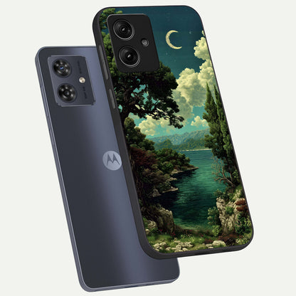 Celestial Lake Peace phone case For Moto G54 showing premium glass back cover with detailed artwork