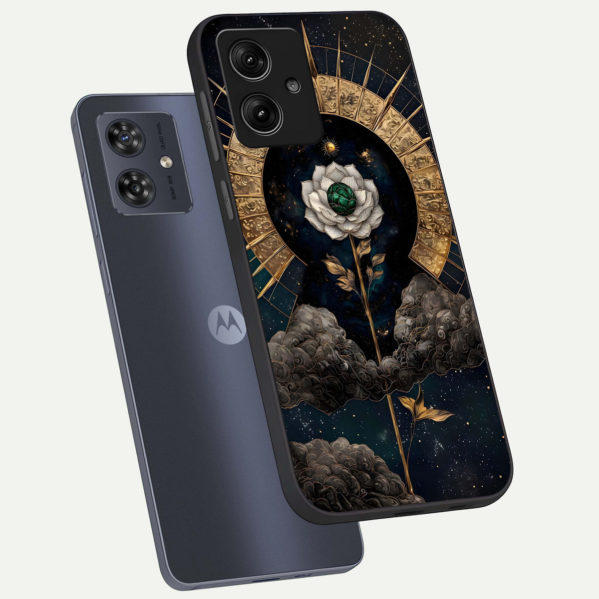  Celestial Lotus Morang phone case For Moto G54 showing premium glass back cover with detailed artwork