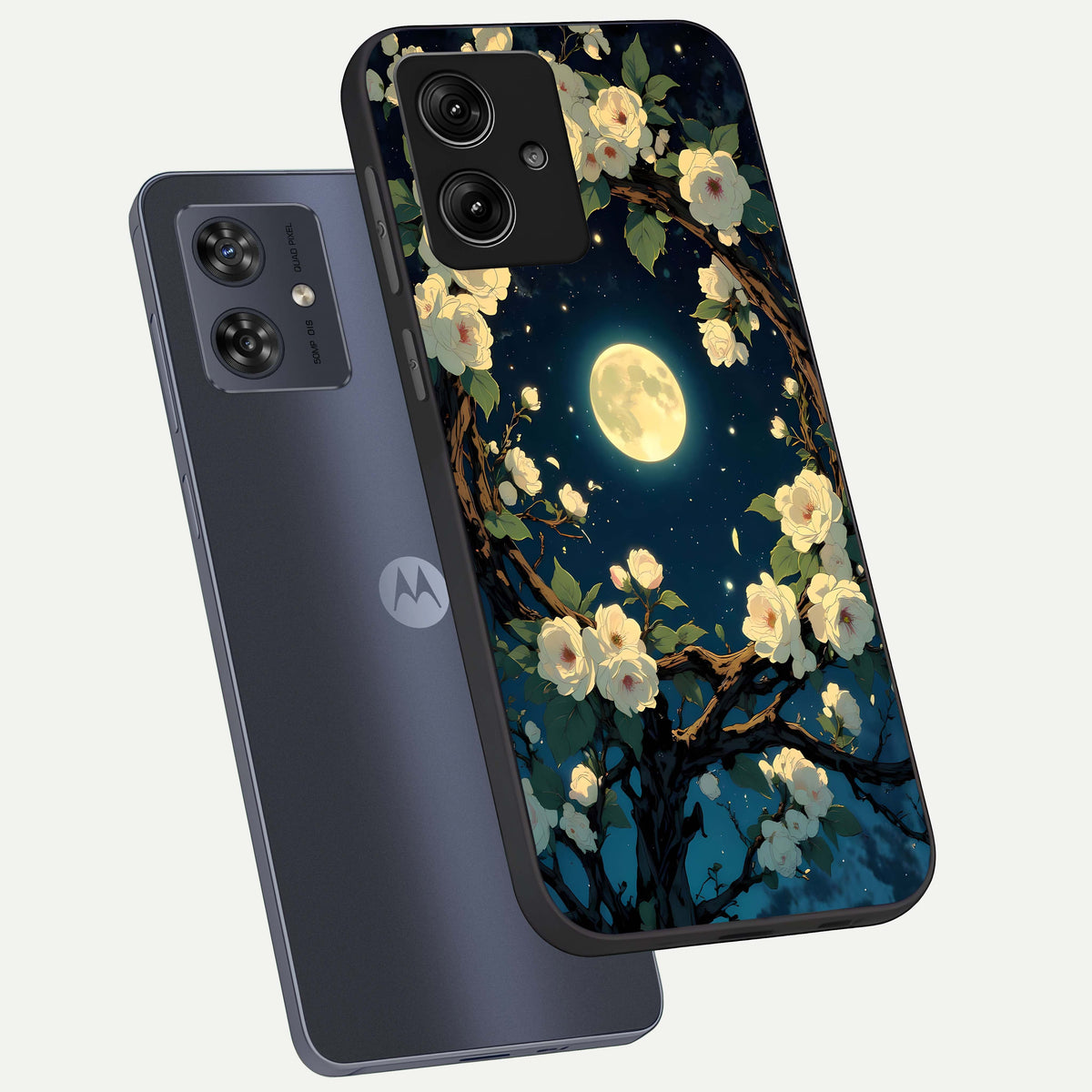  Celestial Moon And Flower phone case For Moto G54 showing premium glass back cover with detailed artwork