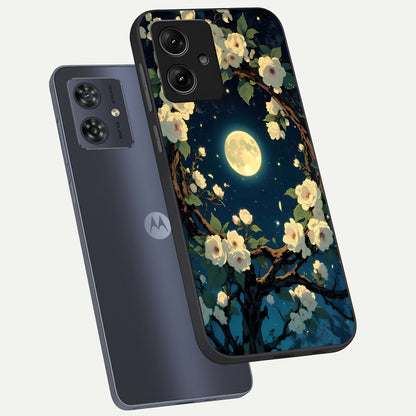  Celestial Moon And Flower phone case For Moto G54 showing premium glass back cover with detailed artwork