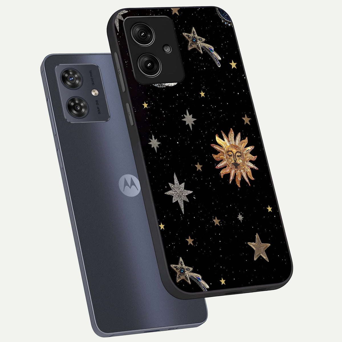  Celestial Moon With Stars phone case For Moto G54 showing premium glass back cover with detailed artwork