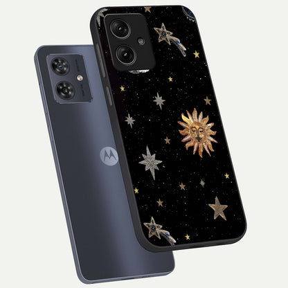  Celestial Moon With Stars phone case For Moto G54 showing premium glass back cover with detailed artwork