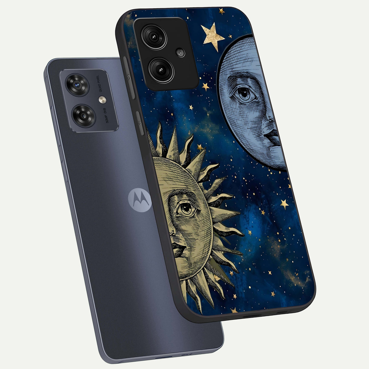  Celestial Moon With Sun phone case For Moto G54 showing premium glass back cover with detailed artwork
