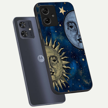  Celestial Moon With Sun phone case For Moto G54 showing premium glass back cover with detailed artwork